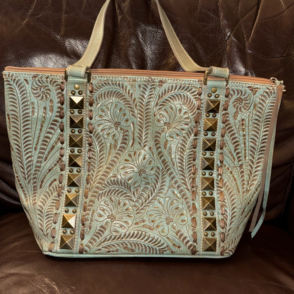 American west leather turquoise tooled shoulder bag